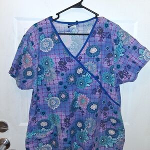 Elegant Floral Wrap Blouse - Purple and Blue Work Nurse Scrubs